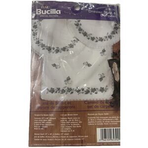 Vtg Bucilla Ivy Dresser Scarf‎ 2 Doily Cross Stitch Lace Set 65392 Stamped NEW